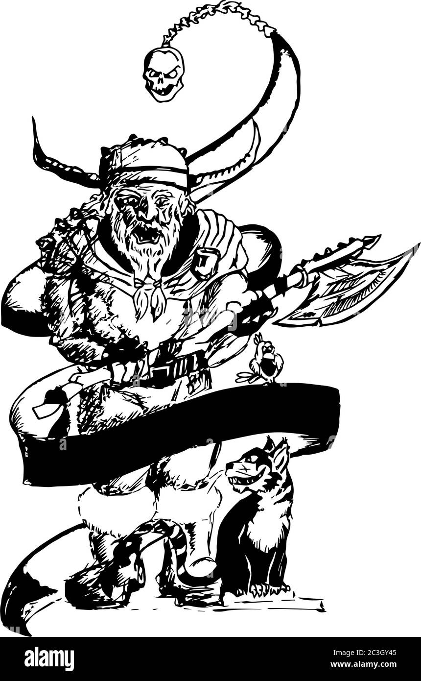 Un nano con un'ascia. Illustrazione vettoriale sul tema della guerra del casco cornato vichingo. Illustrazione Vettoriale