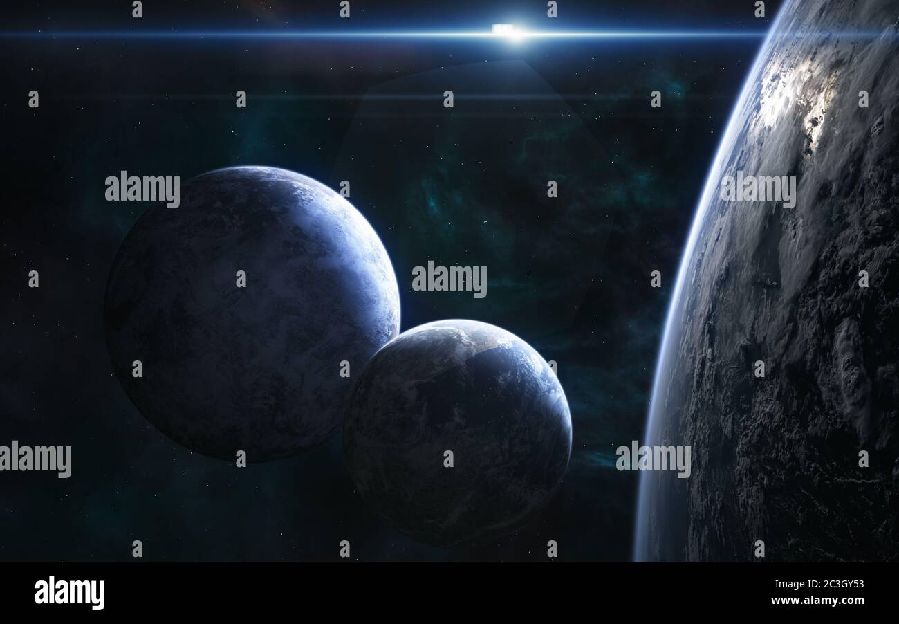 Pianeti di spazio profondo alla luce di una stella blu Foto Stock