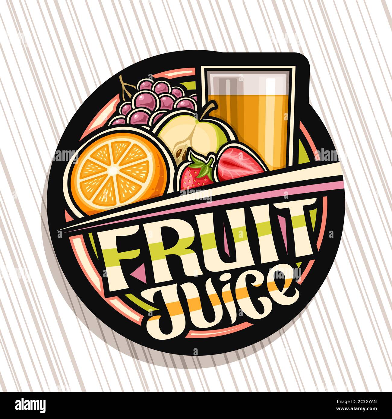 Logo vettoriale per succo di frutta, etichetta decorativa scura con illustrazione di bevanda in vetro, mezzo arancia, fragole, mela e uva, concetto di multifruit Illustrazione Vettoriale