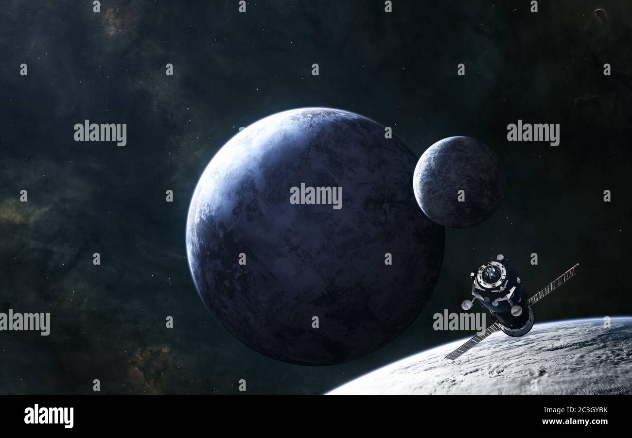 Stazione spaziale sullo sfondo dei pianeti dello spazio profondo Foto Stock