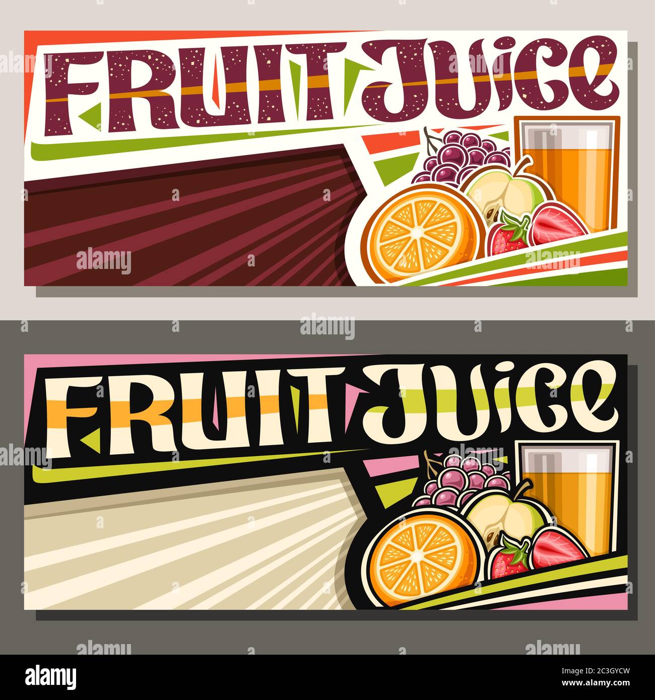 Banner vettoriali per succo di frutta, layout orizzontali con illustrazione di bevanda in vetro, mezzo arancia, fragole tagliate, mela e uva, con multifruit Illustrazione Vettoriale