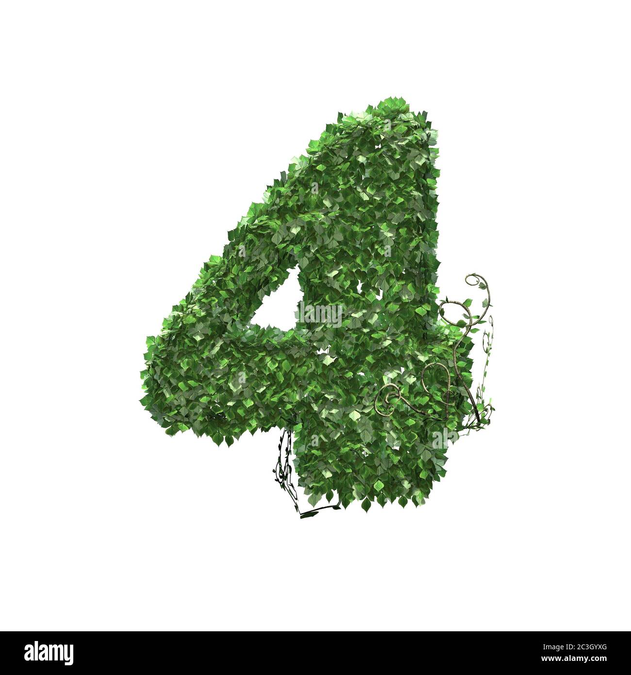 Numero 4 creato di foglie di edera verde - isolate su sfondo bianco - illustrazione 3D Foto Stock