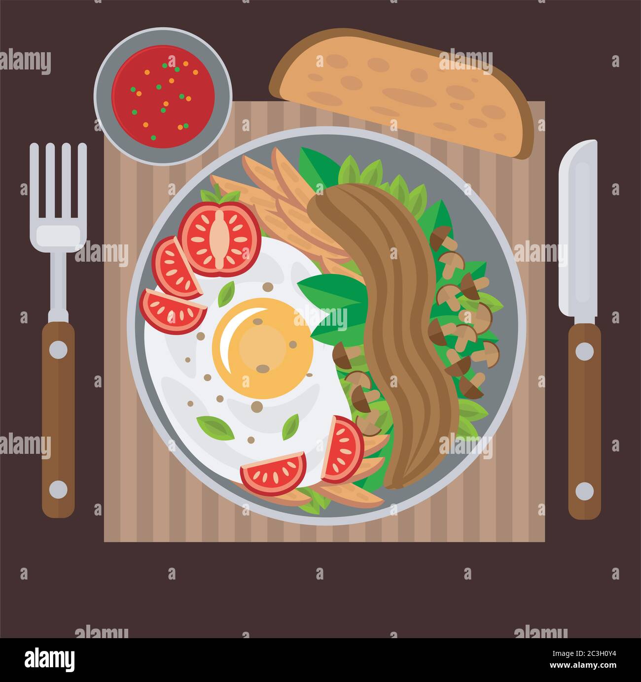 Uova strapazzate con pancetta, verdure e funghi. Illustrazione vettoriale sul tema del cibo, vista dall'alto. Illustrazione Vettoriale