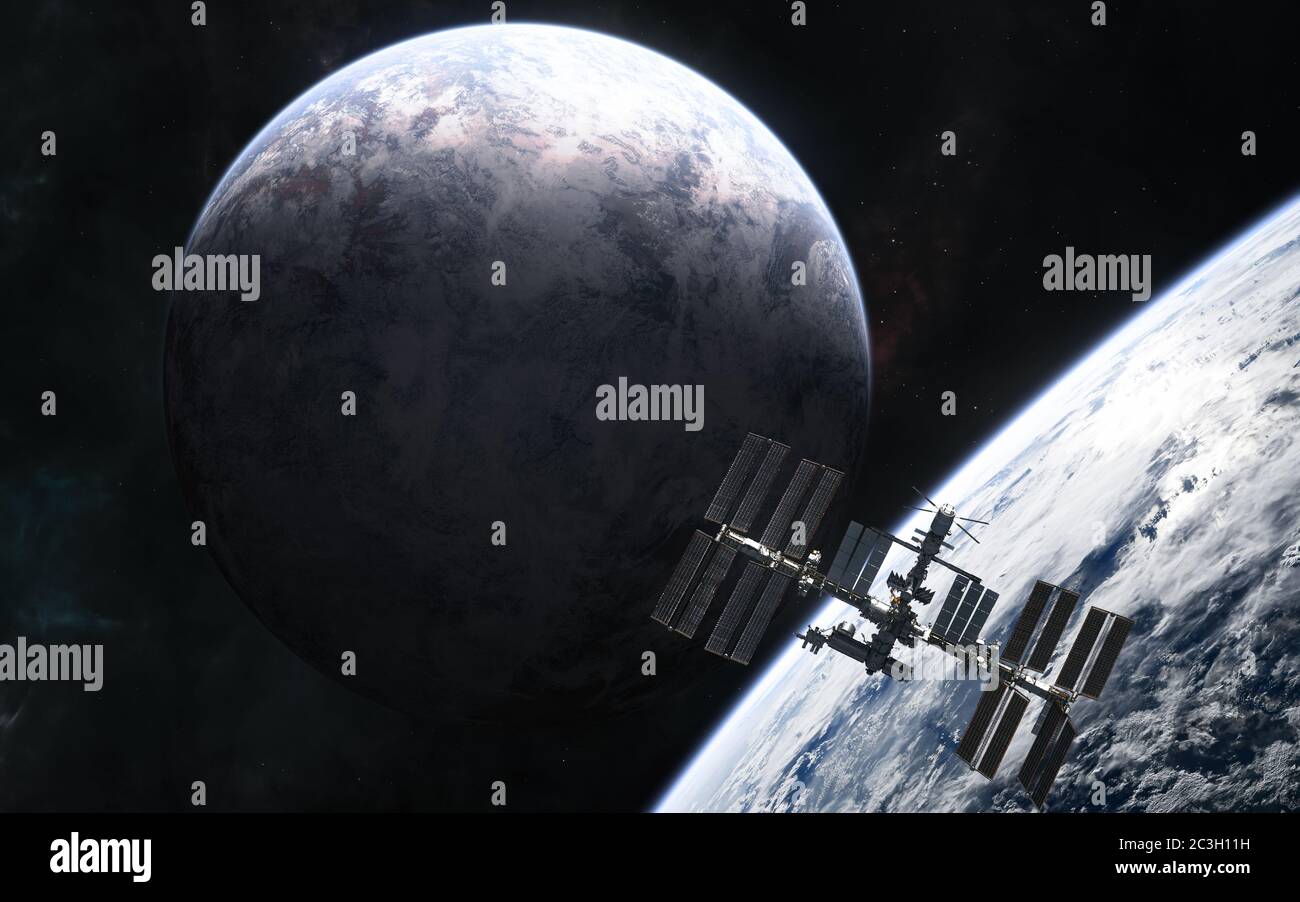 Stazione spaziale, pianeti da qualche parte in uno spazio profondo Foto Stock