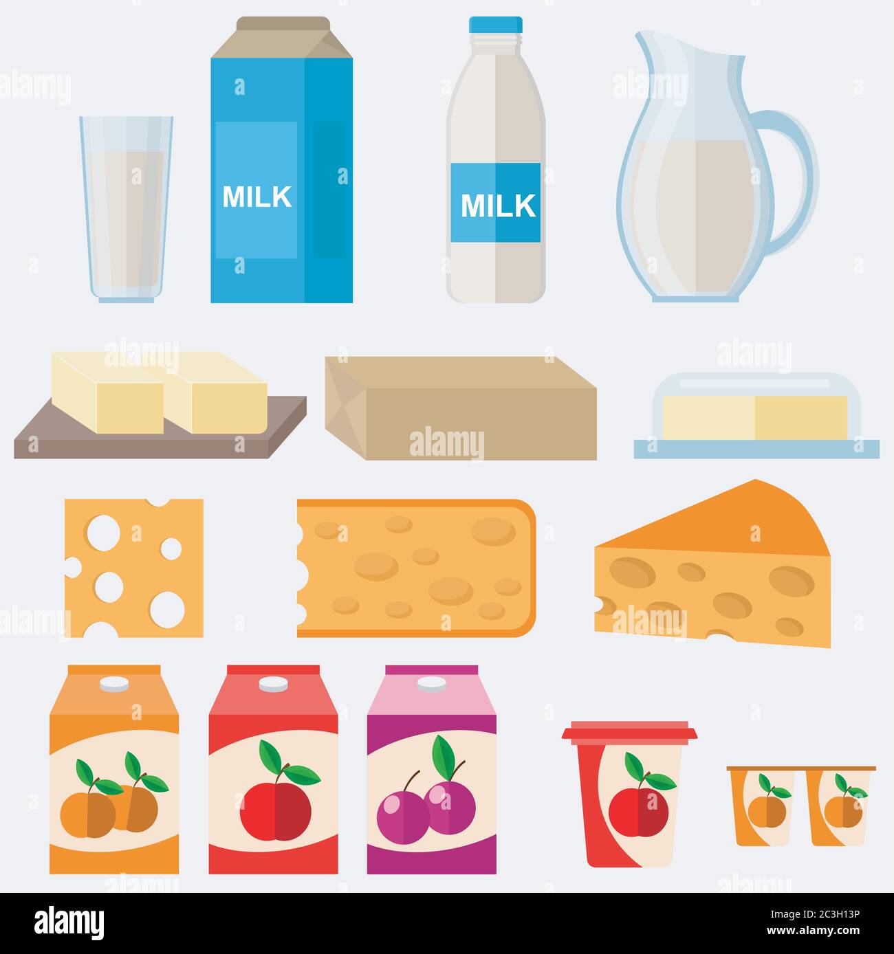 Set di latticini: Latte, burro, formaggio, yogurt. Illustrazione vettoriale. Illustrazione Vettoriale