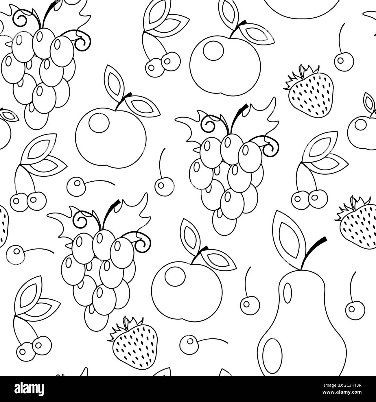 Colorazione senza cuciture con frutta e bacche. Illustrazione vettoriale sul tema del cibo. Illustrazione Vettoriale