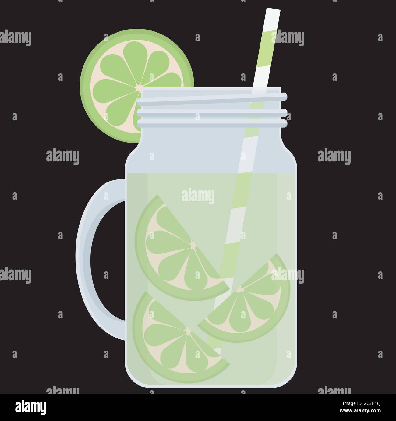 Bere il lime in un vaso di vetro con una cannuccia per bere. Illustrazione vettoriale sul tema dell'acqua detox. Illustrazione Vettoriale