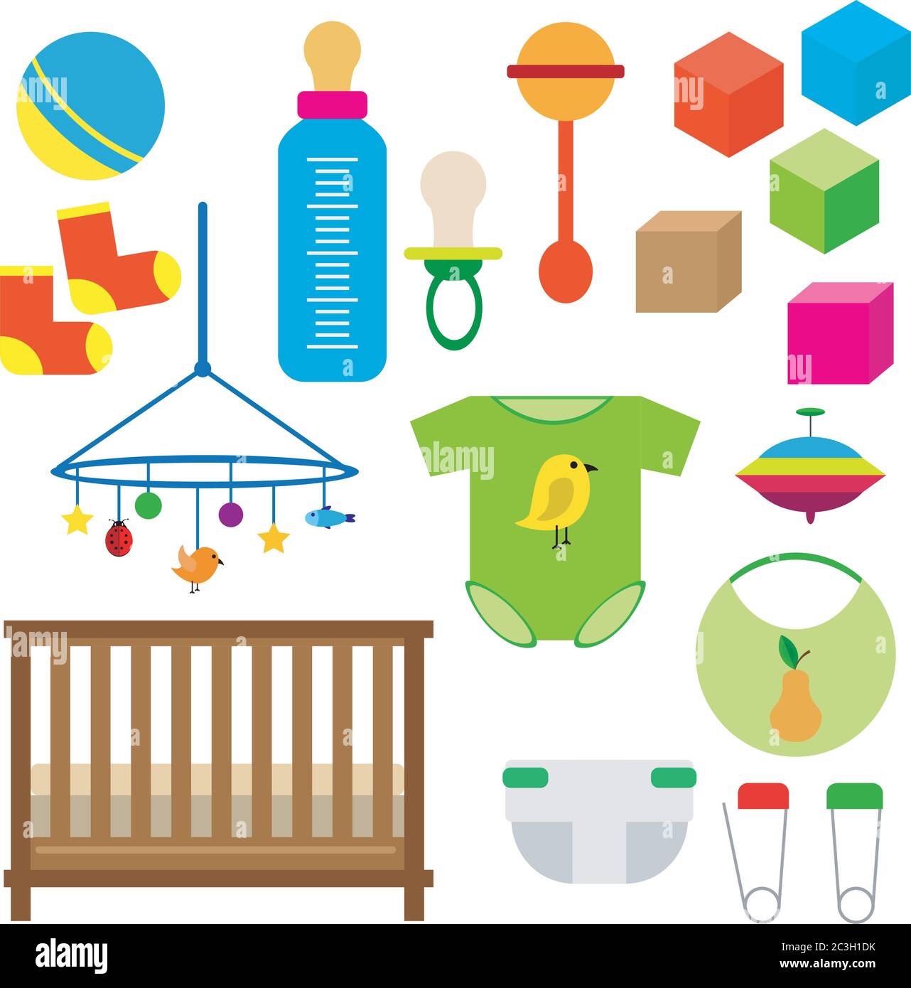 Set per bambini: Giocattoli, vestiti, pannolini, presepio con recinzione, cubetti. Vettore impostato su sfondo bianco isolato. Illustrazione Vettoriale