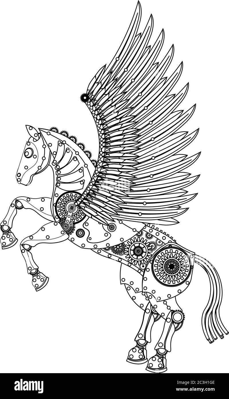 Colorazione cavallo Steampunk su sfondo bianco isolato. Illustrazione Vettoriale