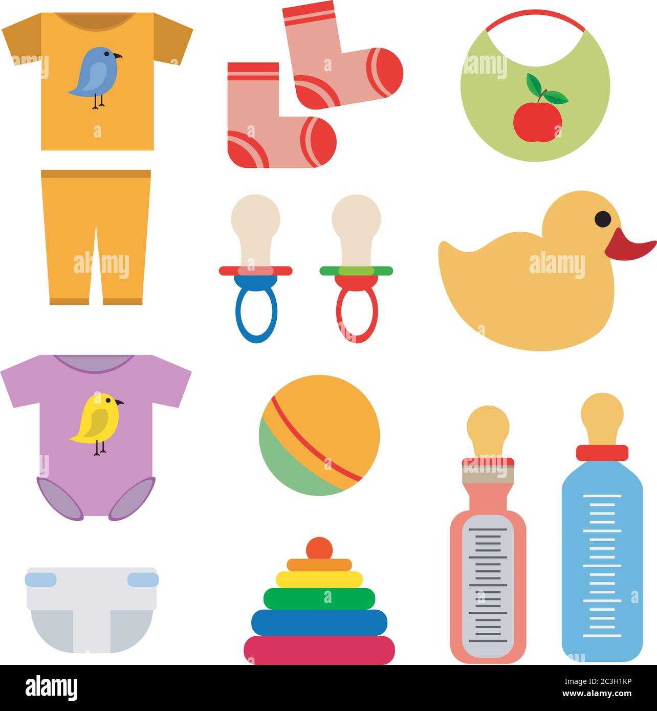 Set per bambini: Vestiti, giocattoli, capezzoli, palline, calze, pannolino. Illustrazione vettoriale delle cose dei bambini su uno sfondo bianco isolato. Illustrazione Vettoriale