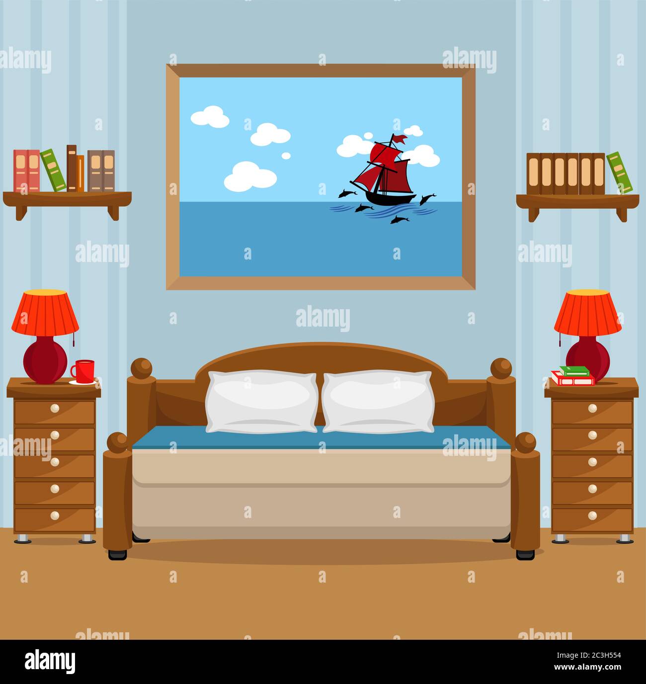 Accogliente camera da letto con un grande letto matrimoniale, comodini e luci notturne. Illustrazione vettoriale sul tema del design degli interni. Illustrazione Vettoriale