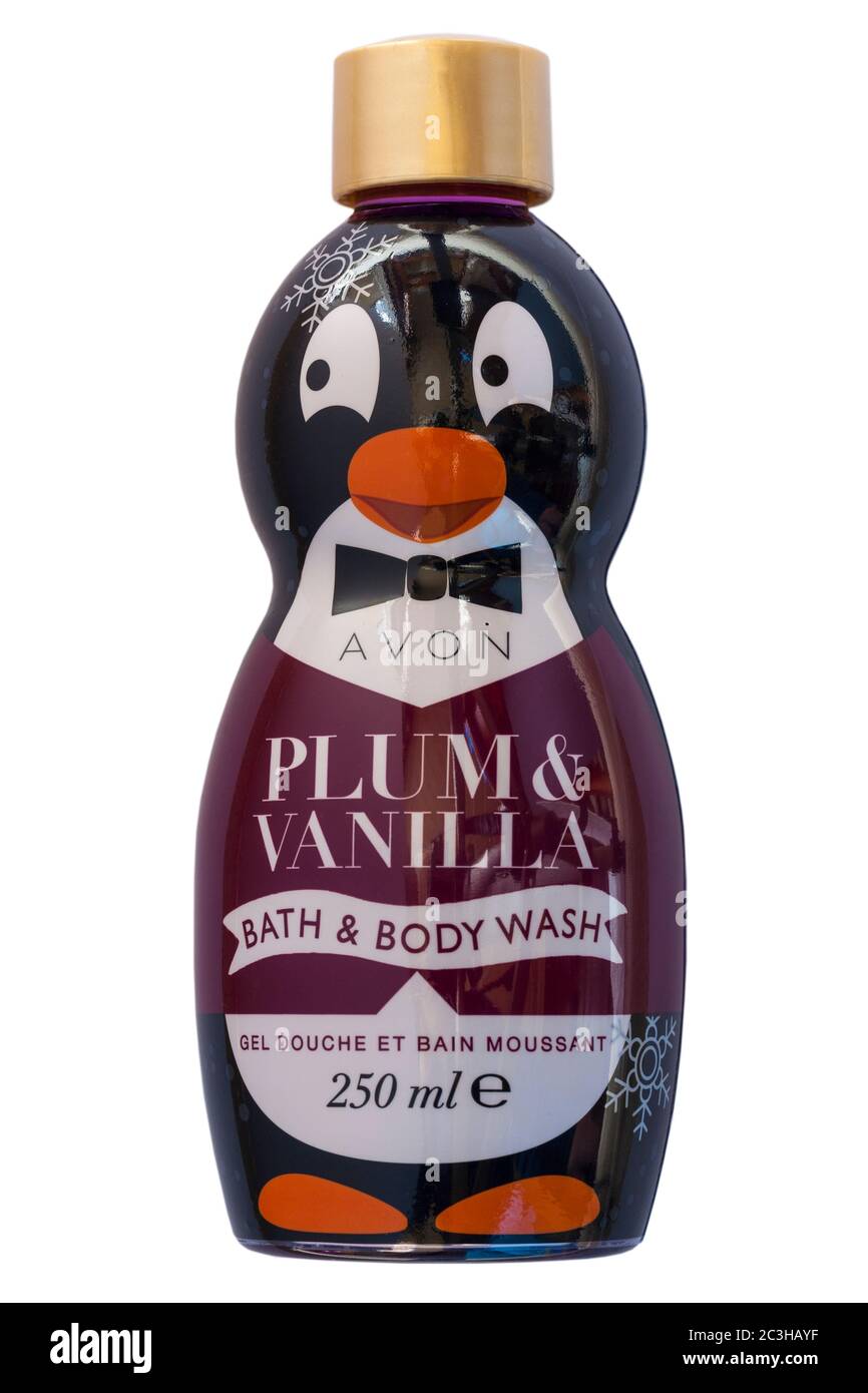 Avon Plum & Vanilla Bath & Body Wash in una bottiglia di novità isolata su sfondo bianco Foto Stock