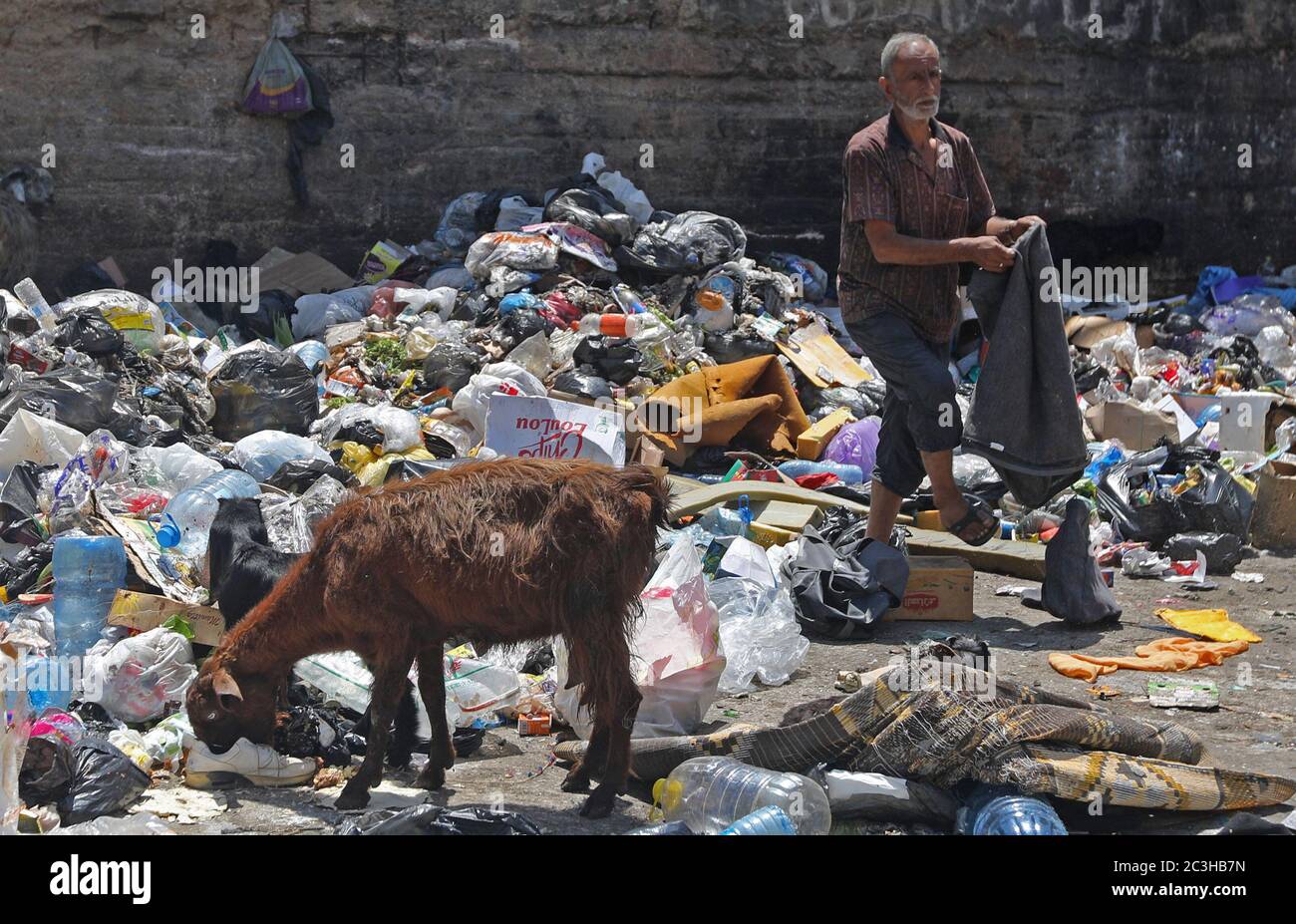 Beirut, Libano. 20 Giugno 2020. Un uomo raccoglie i rifiuti in una discarica a Beirut, capitale del Libano, 20 giugno 2020. Il Libano ha lottato per trovare una soluzione adeguata per affrontare la crisi dei rifiuti, dal momento che la situazione si è deteriorata dopo la chiusura della più grande discarica del paese a Naameh, appena a sud di Beirut, nel luglio 2015. Ma finora il Libano non è ancora in grado di gestire efficacemente la crescente quantità di rifiuti. Credit: Bilal Jawich/Xinhua/Alamy Live News Foto Stock