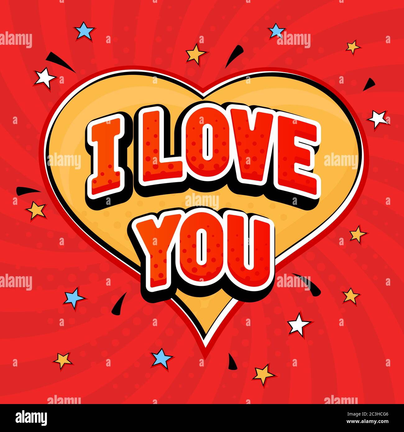 Ti amo in stile pop art. Sfondo rosso del cuore Illustrazione Vettoriale