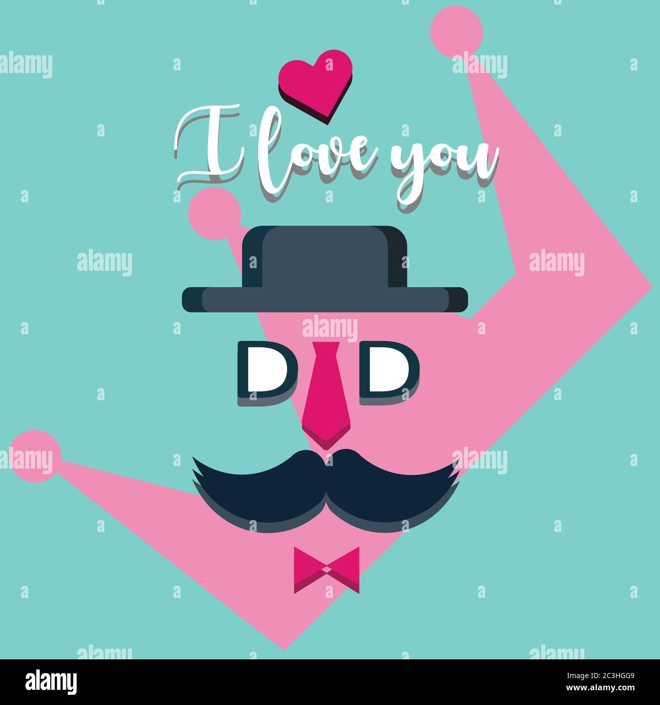 Ti amo papà, il giorno del padre poster illustrazione con la parola 'DAD' creare un volto con un baffi, cappello, specifiche, un necktie e un arco, vettore Illustrazione Vettoriale