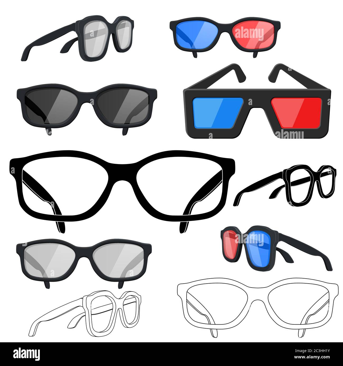 Set di occhiali. Occhiali da sole, occhiali 3D per film Illustrazione Vettoriale