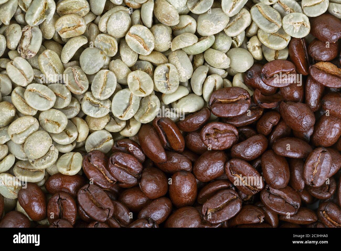 Un fondo di chicchi di caffè non torrefatti e torrefatti che mostra lo stato grezzo e il prodotto finale. Foto Stock