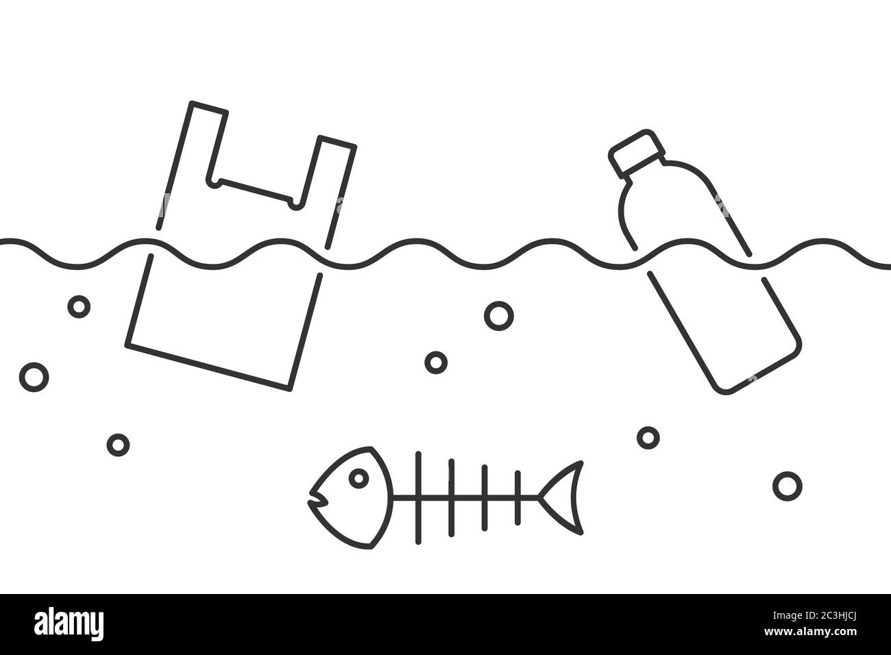 Sacchetto di plastica e bottiglia di plastica accanto al pesce morto in acqua. Concetto di inquinamento plastico. Avvelenati animali marini a causa di rifiuti tossici. Icona linea nera Illustrazione Vettoriale