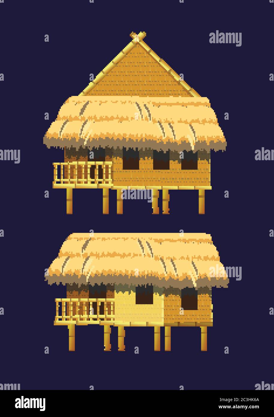 Un insieme di bungalow ed edifici in bambù Illustrazione Vettoriale