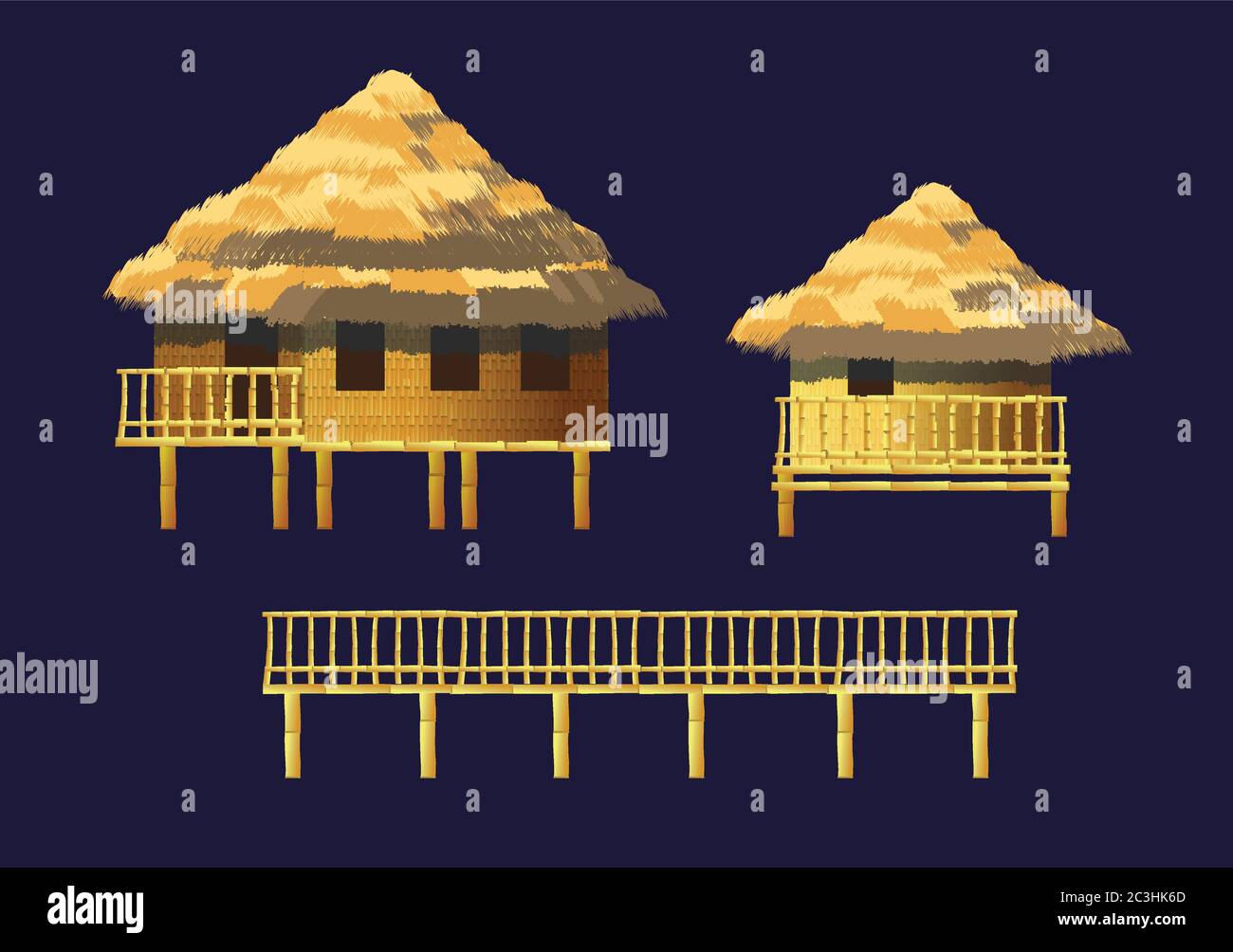 Un insieme di bungalow ed edifici in bambù Illustrazione Vettoriale