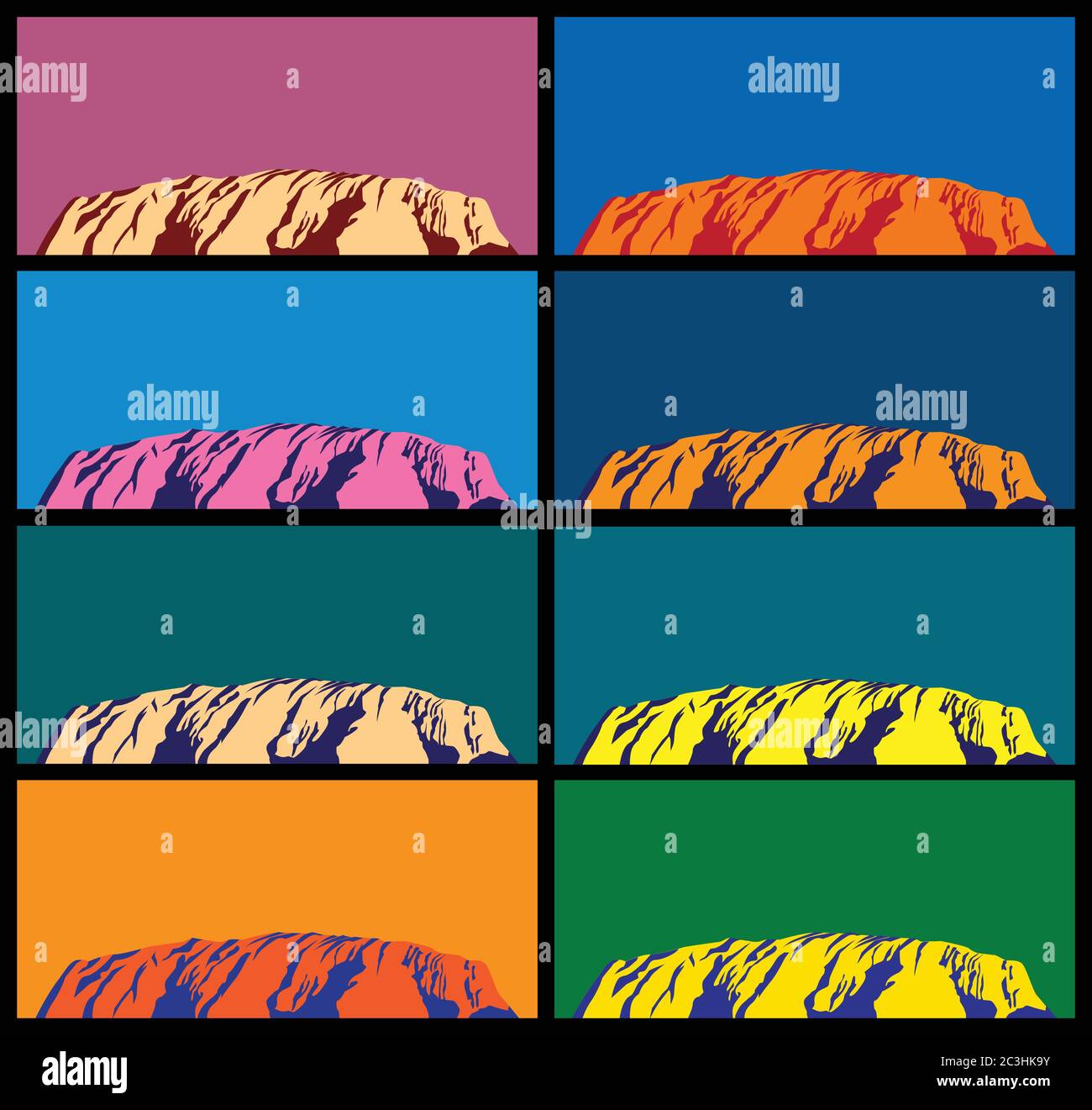 Attrazioni australiane. Ayers Rock in diversi colori stile pop art Illustrazione Vettoriale