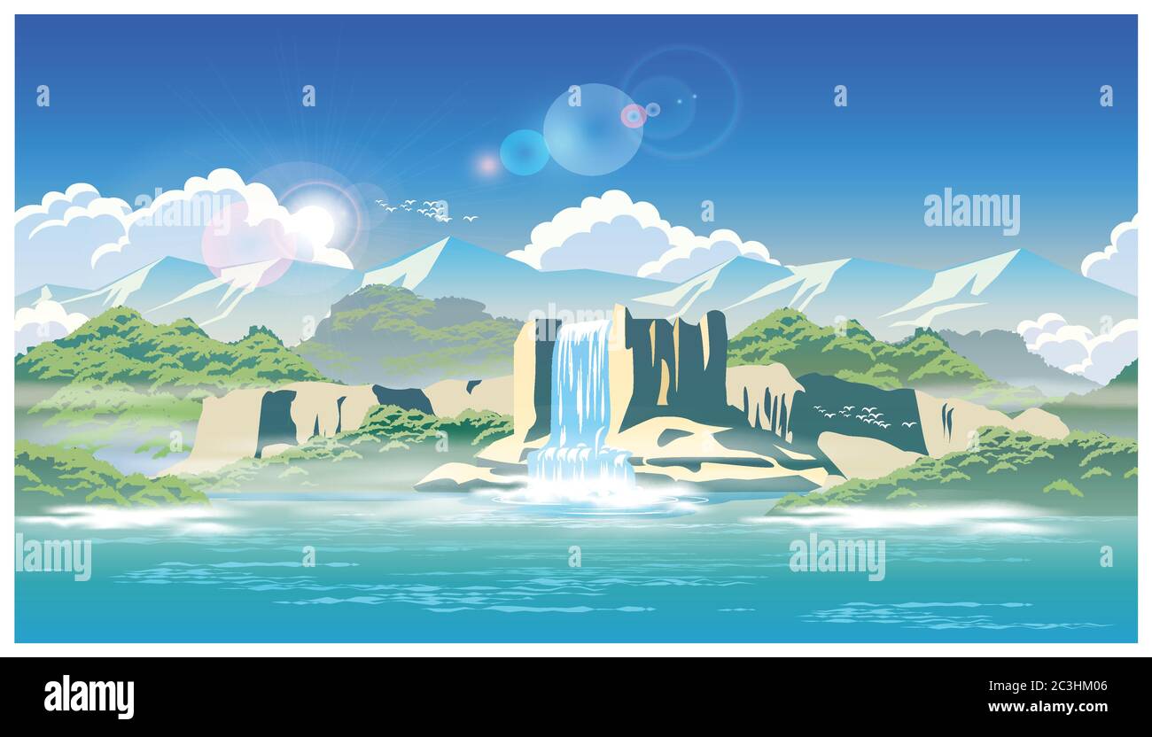 Illustrazione vettoriale sul tema della pittoresca cascata e delle alture Illustrazione Vettoriale