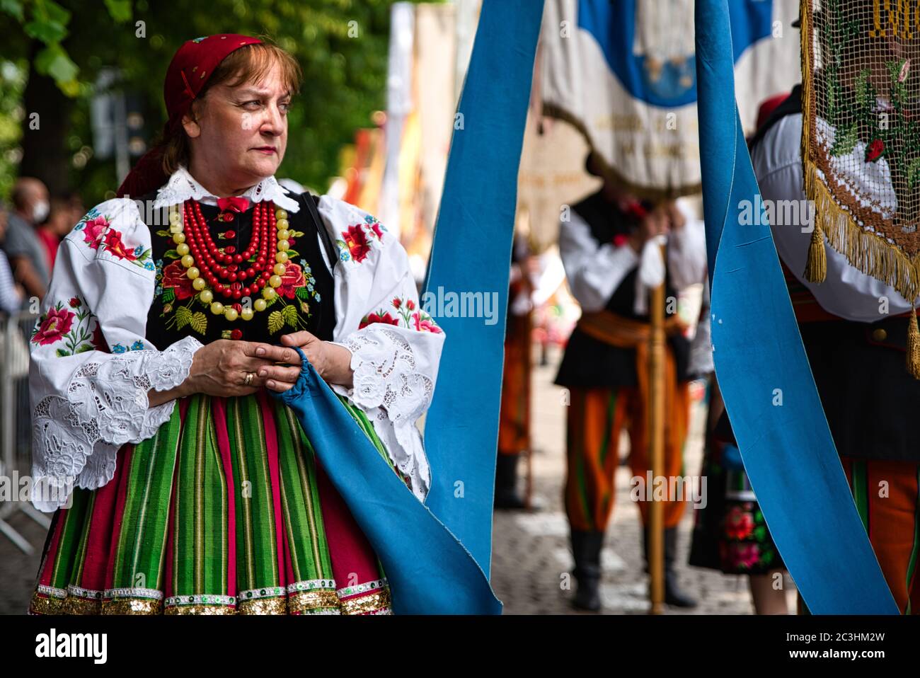 Donna vestita con eleganti costumi folcloristici nazionali della regione di  Lowicz. Tradizionale abito popolare a righe colorate e ricamo floreale Foto  stock - Alamy