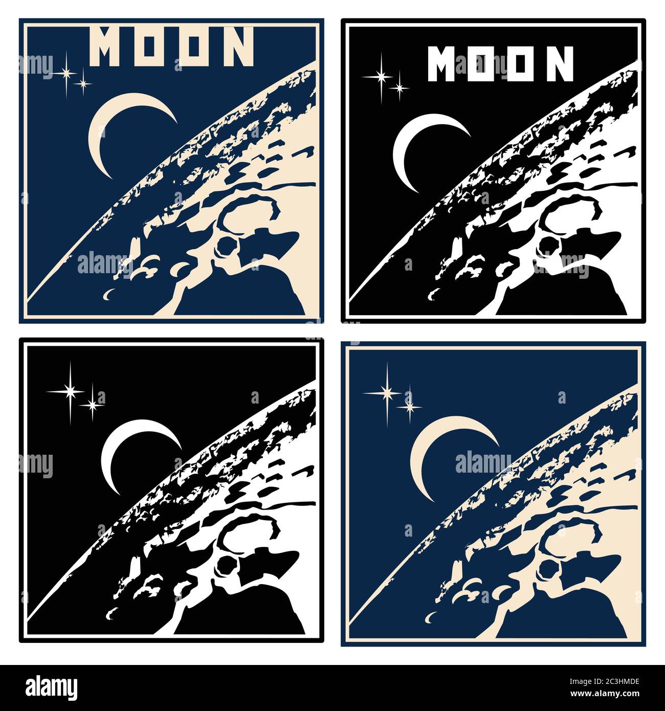 Illustrazione vettoriale stilizzata sul tema dell'Astronautica e dello spazio vicino. Vista dei crateri della luna dalla sua orbita, una vista della terra da Illustrazione Vettoriale