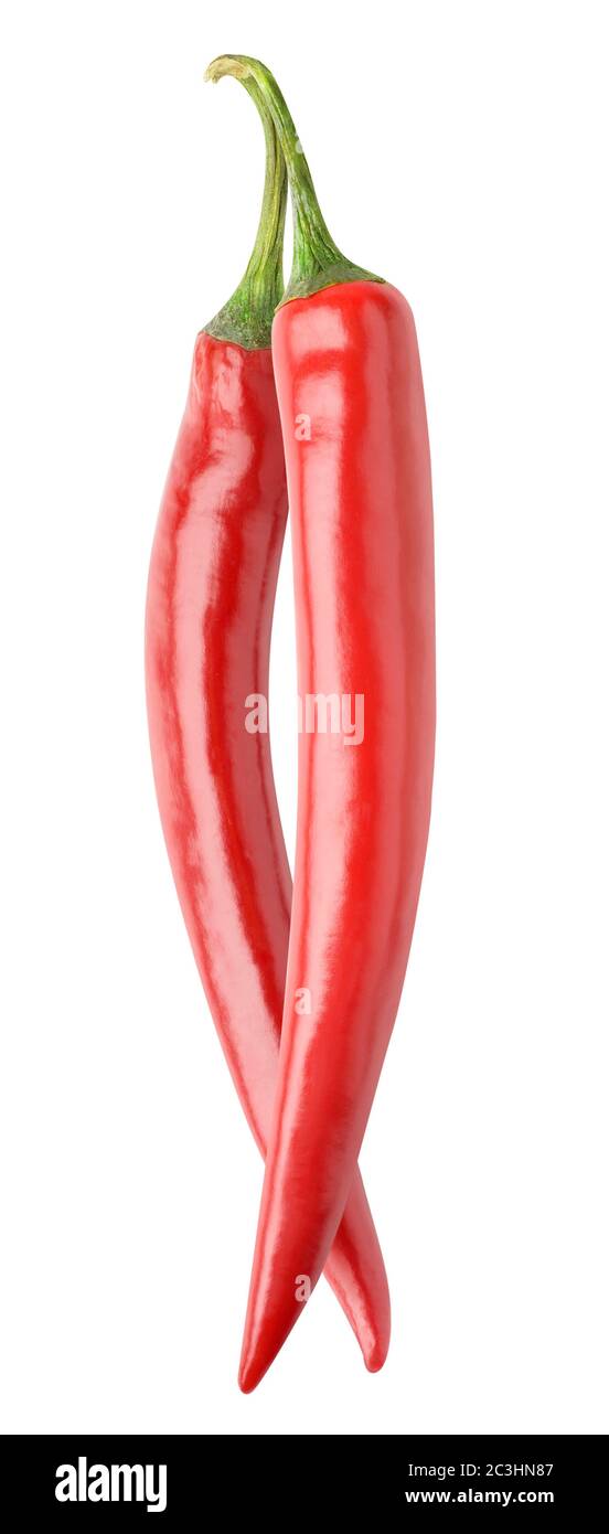 Peperoni caldi tagliati. Due peperoncini rossi isolati su sfondo bianco Foto Stock