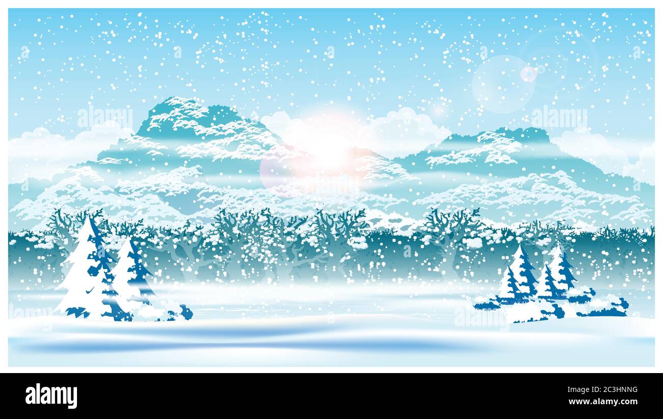 Illustrazione vettoriale stilizzata del bordo di una foresta invernale durante una nevicata. Immagine senza giunture in orizzontale Illustrazione Vettoriale