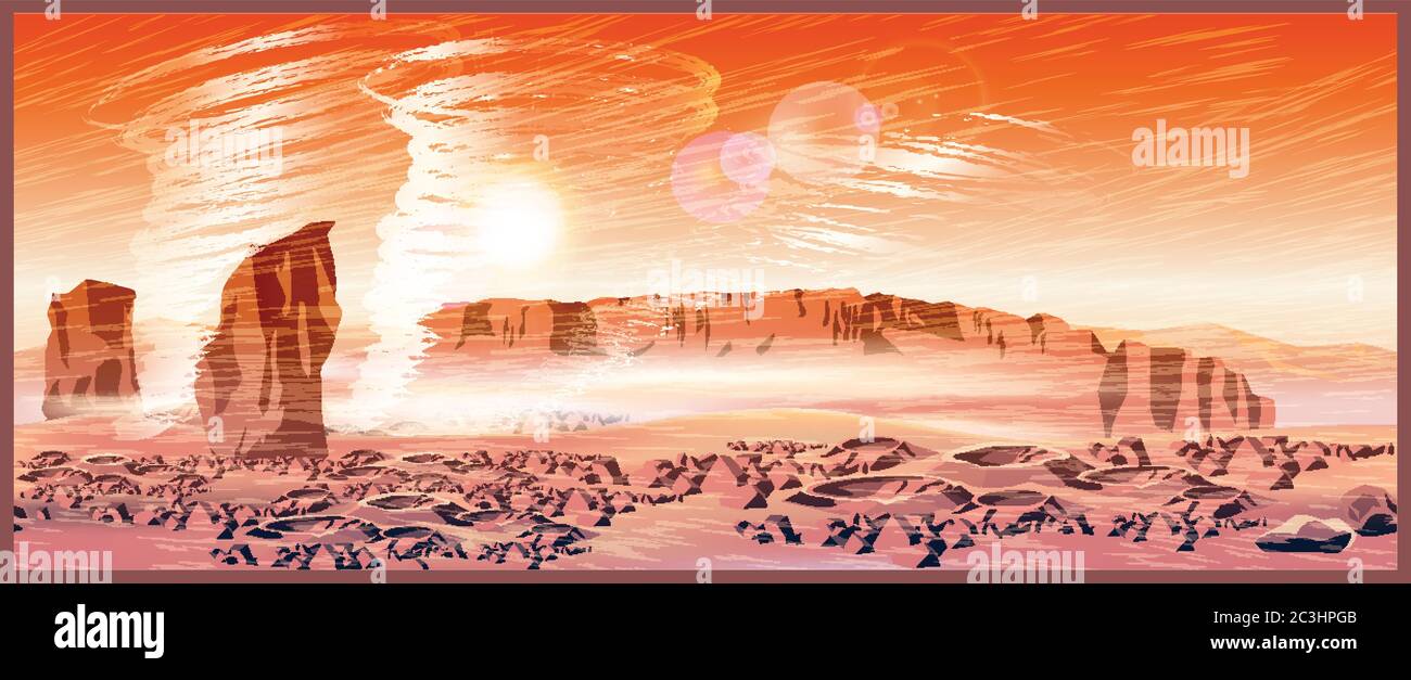 Illustrazione vettoriale del paesaggio di un pianeta Marte. Grande tempesta di sabbia marziana con tornado. Immagine senza cuciture in orizzontale, se necessario Illustrazione Vettoriale