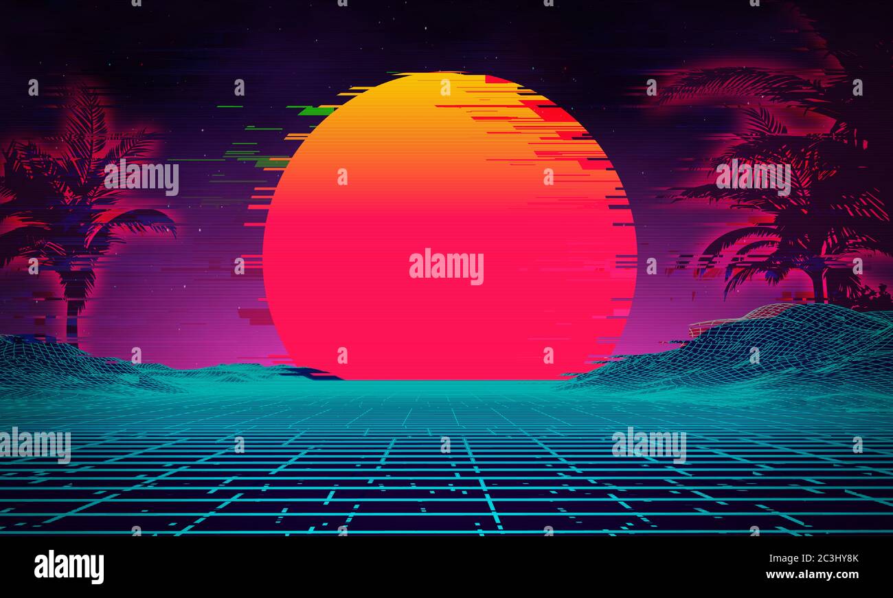 Poster Vintage con retro glitch su sfondo scuro. Modello di moderna tecnologia del concetto di sfondo. Sfondo di Glitch in cyberpunk synthwave style Foto Stock