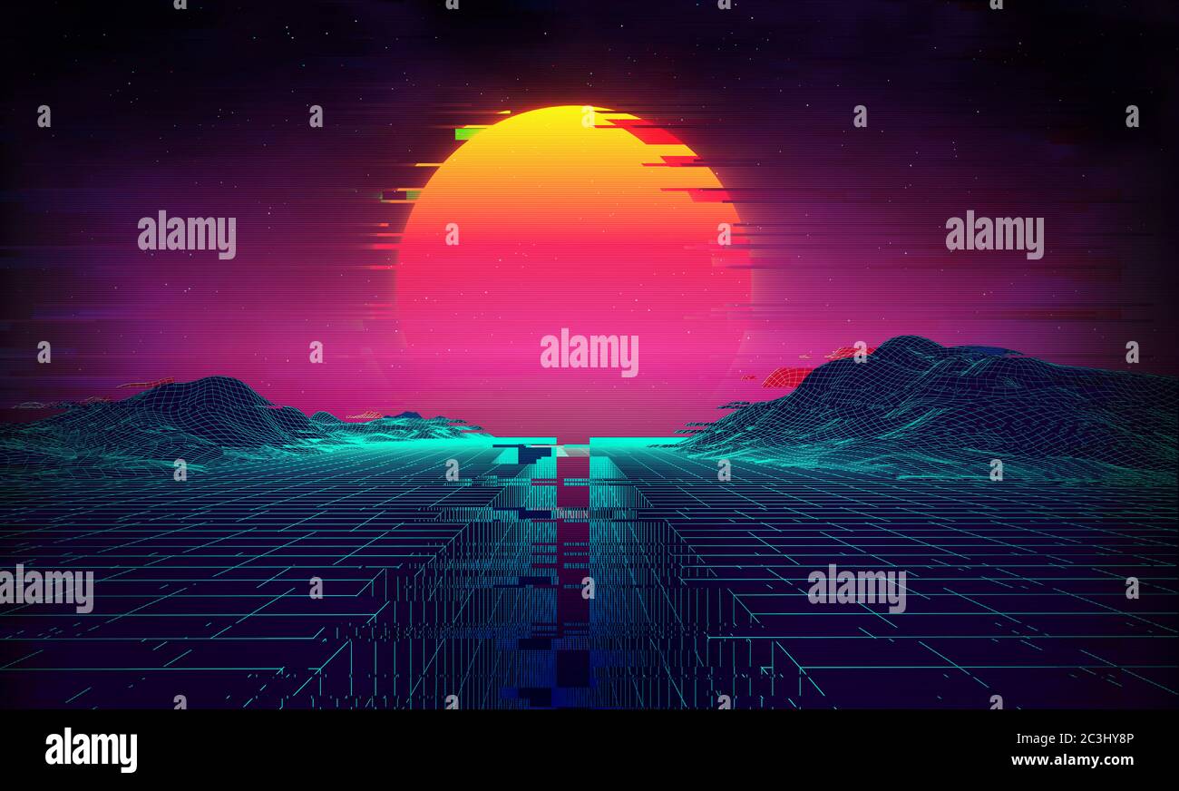 Poster Vintage con retro glitch su sfondo scuro. Modello di moderna tecnologia del concetto di sfondo. Sfondo di Glitch in cyberpunk synthwave style Foto Stock