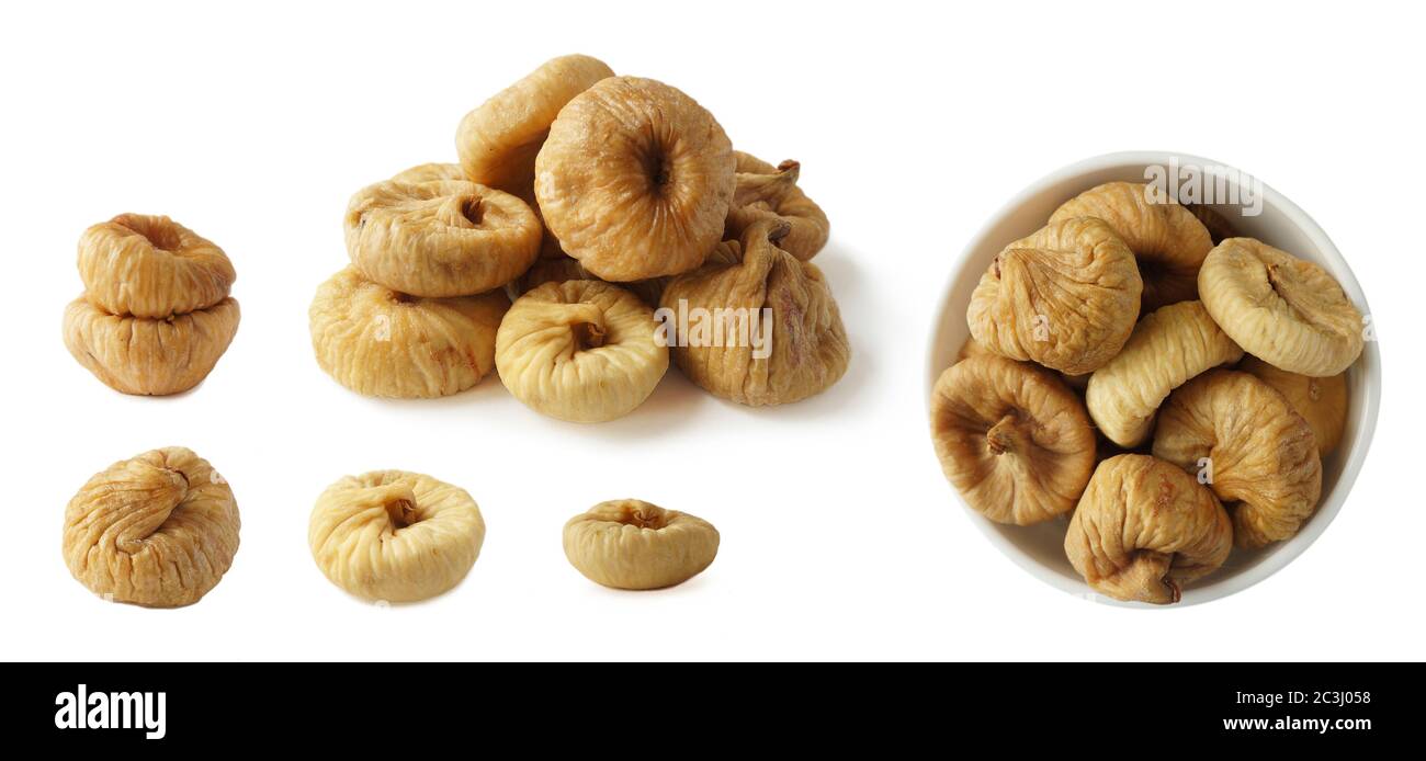 Set di fichi isolati su sfondo bianco. Collage di frutta secca con spazio per la copia del testo. Foto Stock