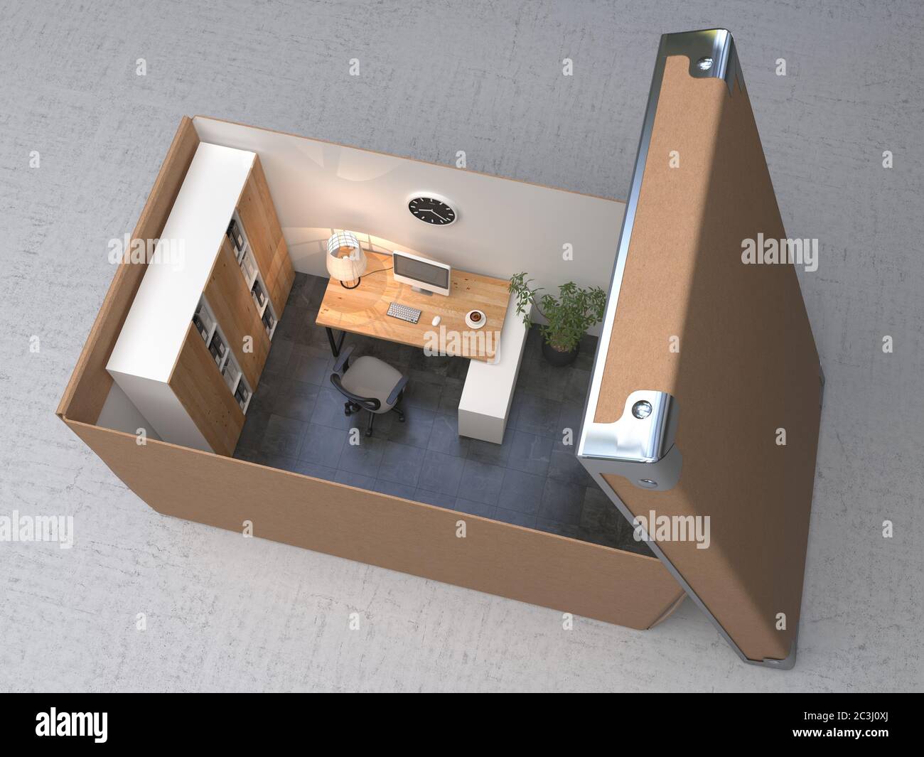 Spazio interno per ufficio in una scatola di cartone. Illustrazione concettuale. Rendering 3D. Foto Stock