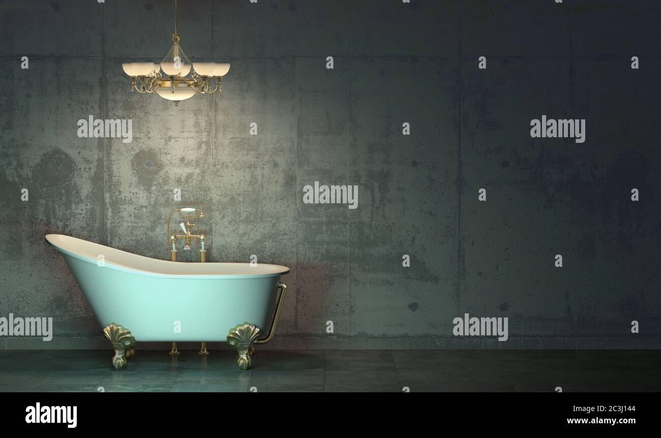 Camera oscura al crepuscolo con bagno e lampadario in stile classico con elementi placcati oro che si erstazionano sul pavimento davanti alla parete di cemento. Culo Foto Stock