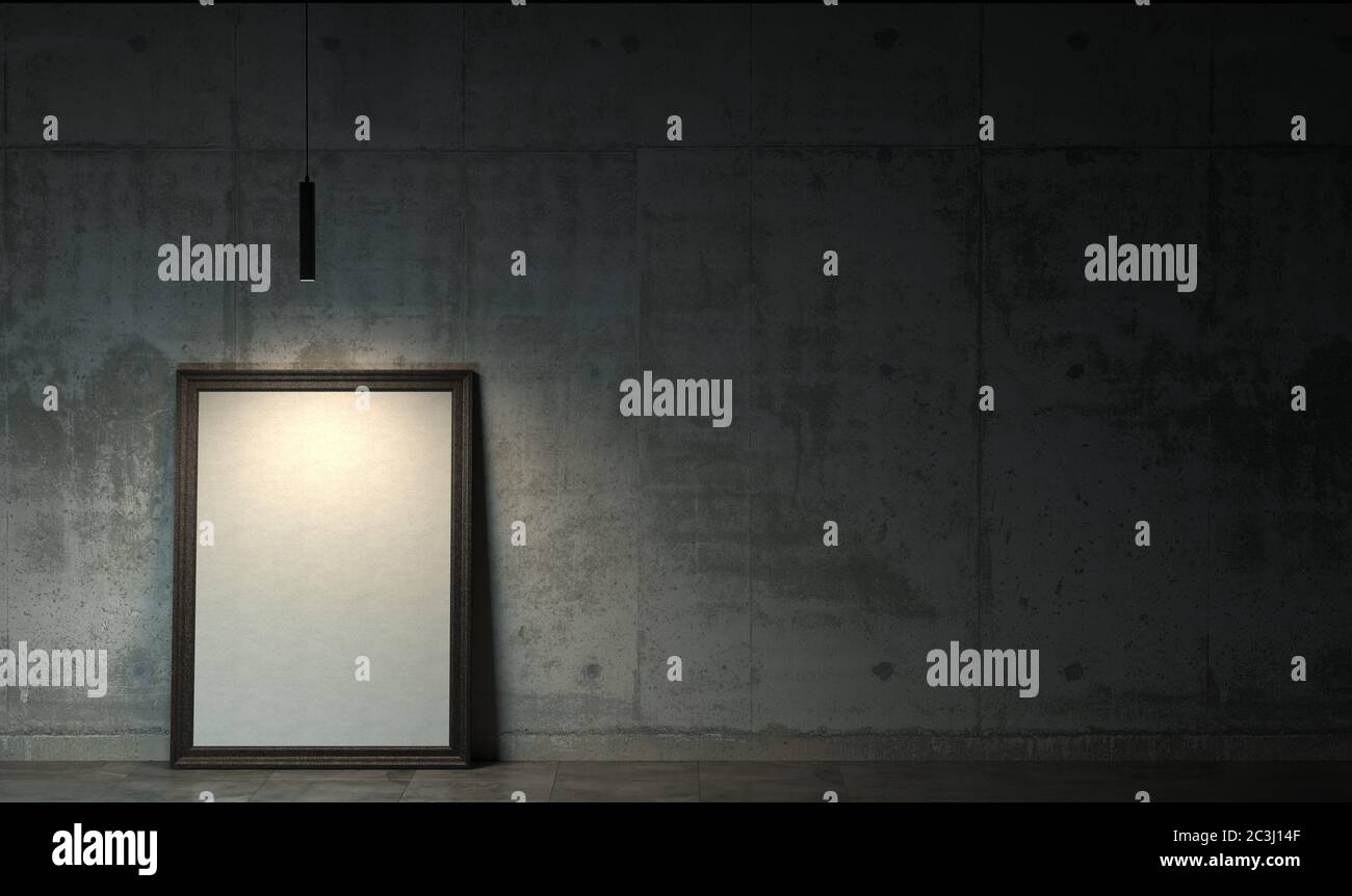 Camera oscura al crepuscolo con poster bianco vuoto in cornice nera in piedi sul pavimento. Interni cupi in stile loft con spazio per la copia. Rendering 3D Foto Stock