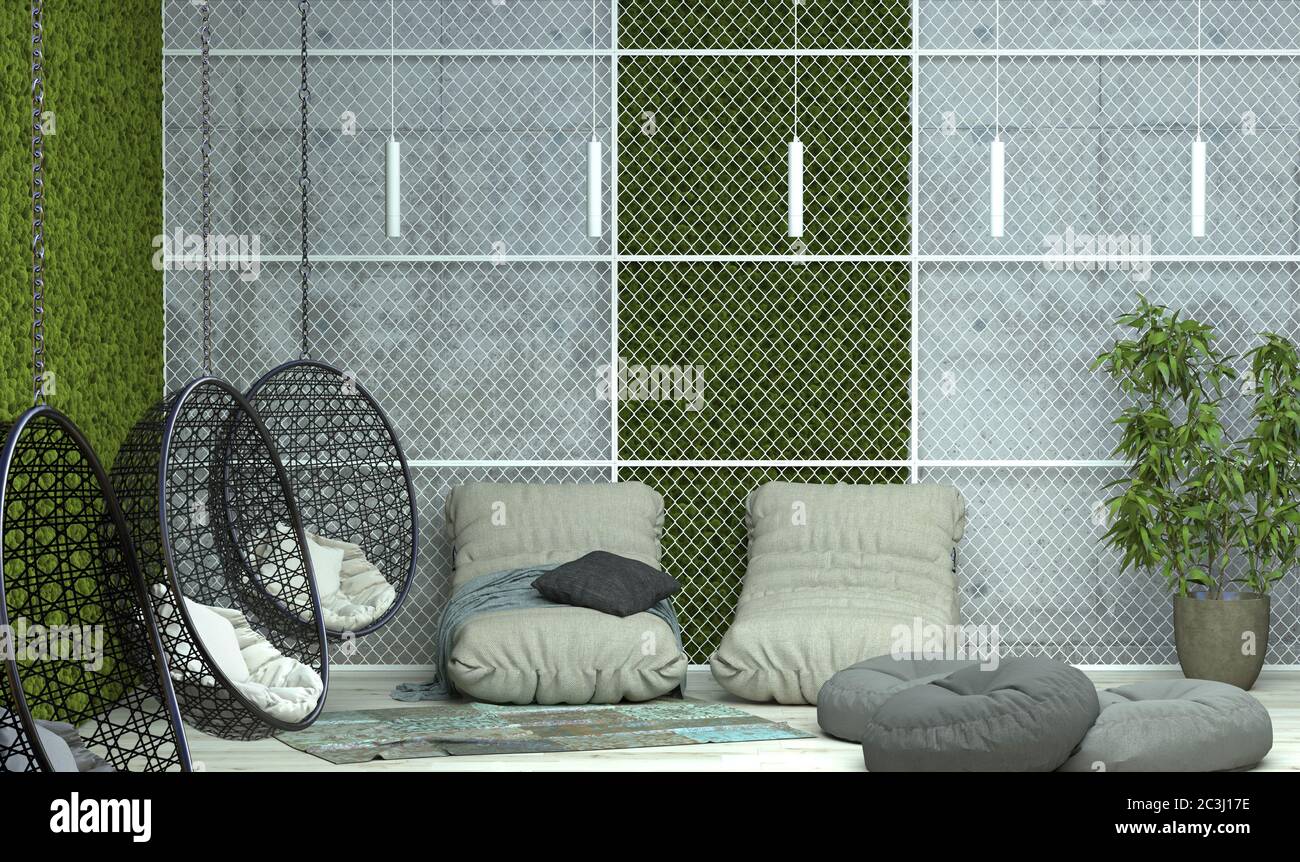 Area ricreativa all'interno di un edificio pubblico. Camera in stile loft con altalene, soffici, cuscini e mobili imbottiti. Rendering 3D. Foto Stock