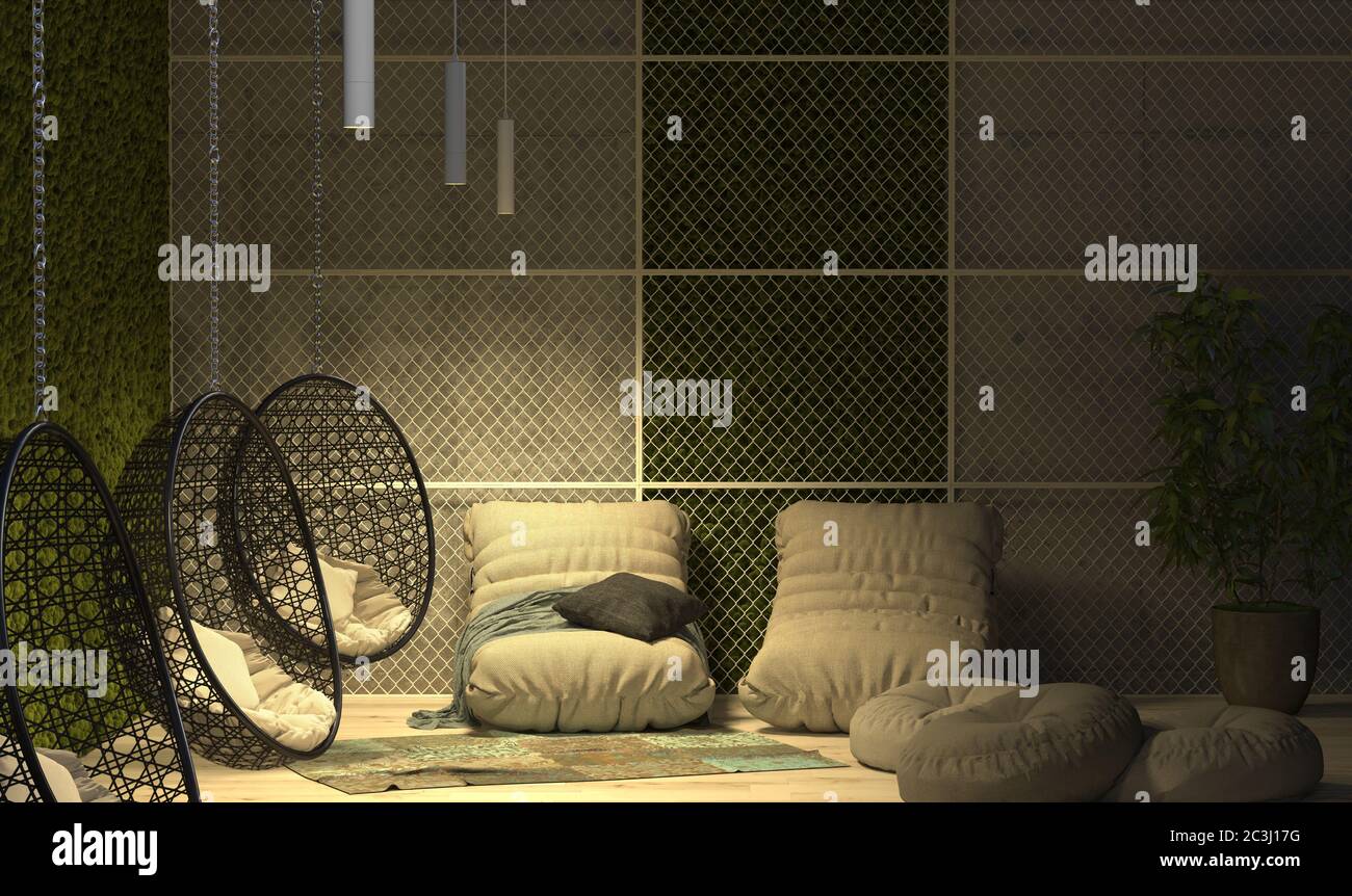 Area ricreativa all'interno di un edificio pubblico. Camera in stile loft con altalene, soffici, cuscini e mobili imbottiti. Rendering 3D. Foto Stock