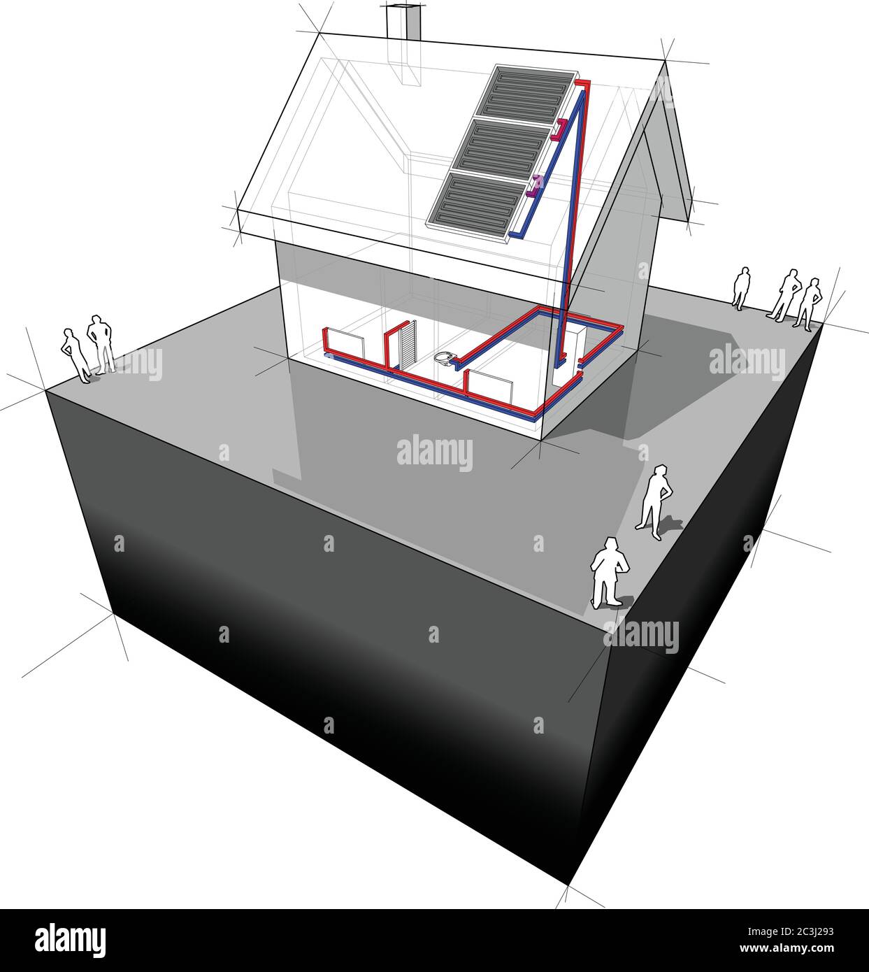 schema di una semplice casa indipendente riscaldata da pannelli solari sul tetto e radiatori Illustrazione Vettoriale