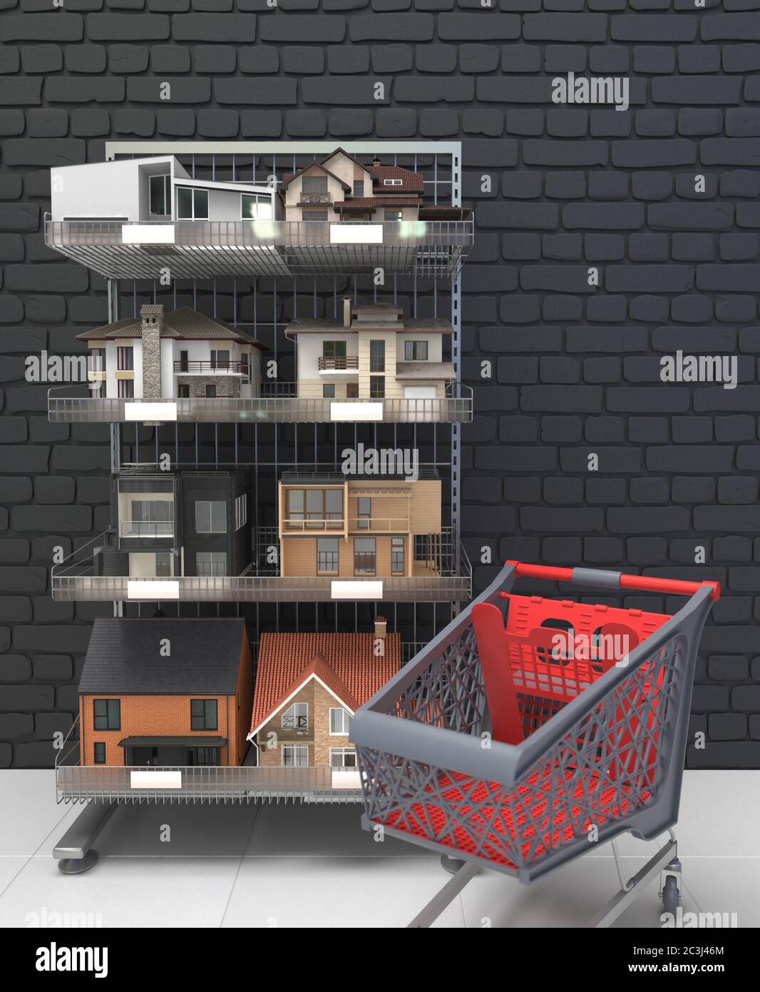 Molti modelli in miniatura di case residenziali private sono venduti su scaffali in un negozio scaffali. Casa in vendita. Vendita di beni immobili. Illusione concettuale creativa Foto Stock
