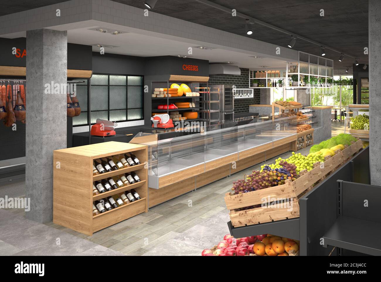 Visualizzazione 3D dell'interno del negozio di alimentari. Design in stile loft. Foto Stock