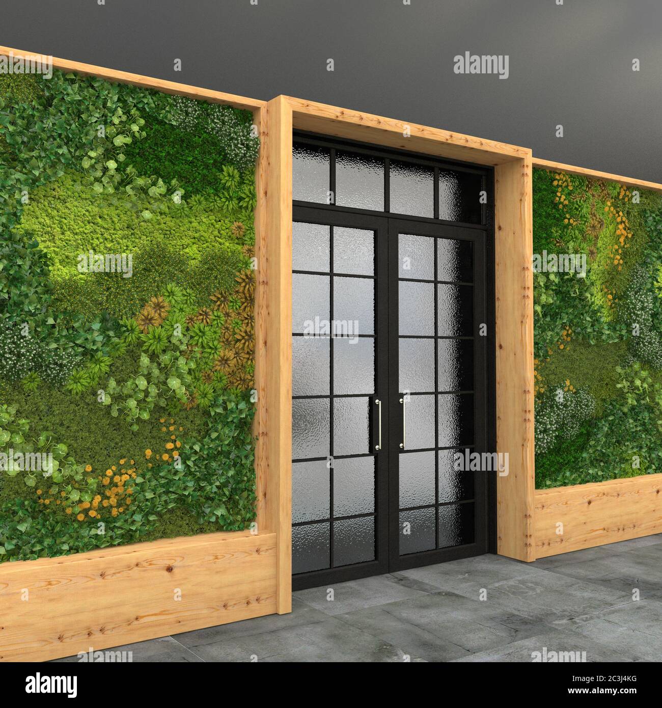 Interno con porta d'ingresso in vetro e parete verde con giardinaggio verticale. Loft stile. Visualizzazione 3D. Foto Stock