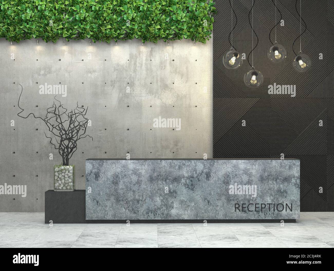 Interni con banco ricevimento in stile loft. visualizzazione 3d. Foto Stock