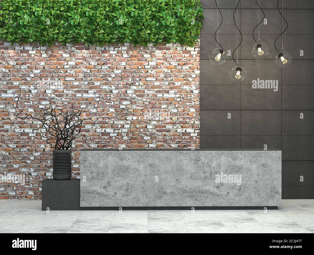 Interni con banco ricevimento in stile loft. visualizzazione 3d. Foto Stock