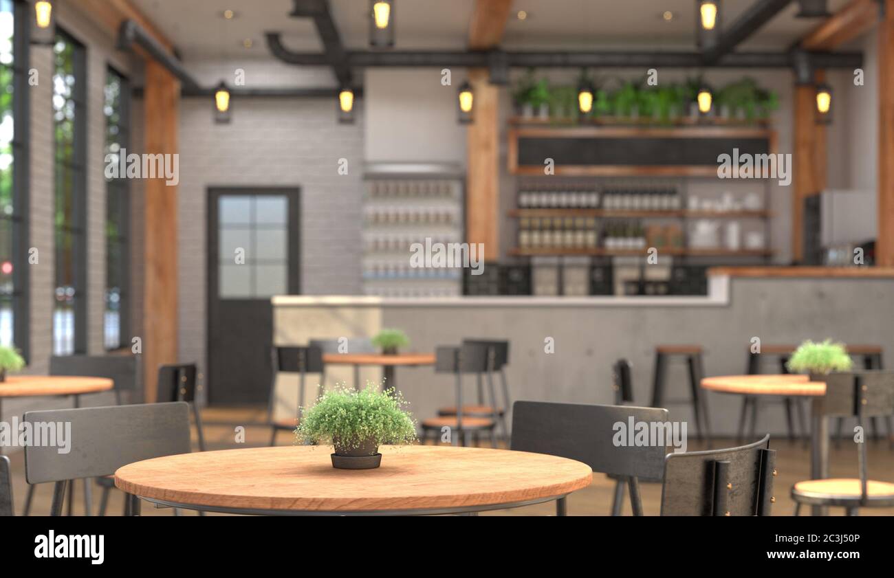 Interno di un cafe con un banco bar. Sfondo sfocato e superficie della tabella in primo piano. Rendering 3D. Foto Stock
