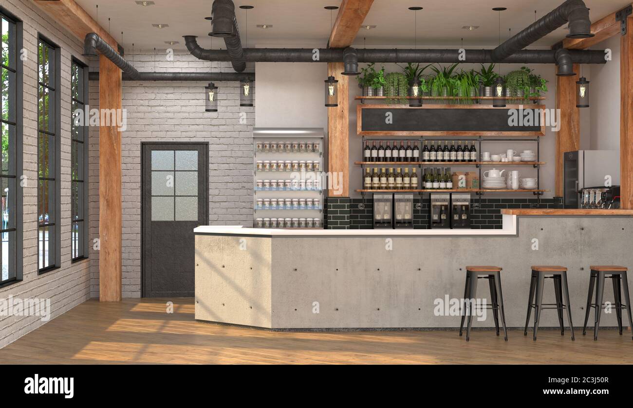Interno di un cafe con un banco bar. Sfondo sfocato e superficie della tabella in primo piano. Rendering 3D. Foto Stock