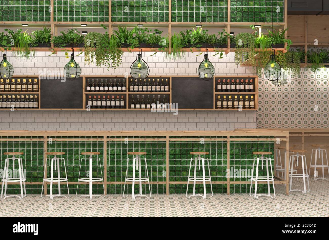 Design moderno del bar in stile loft con colori verdi. Visualizzazione 3D dell'interno di un bar con bancone. Sfondo sfocato con dep Foto Stock
