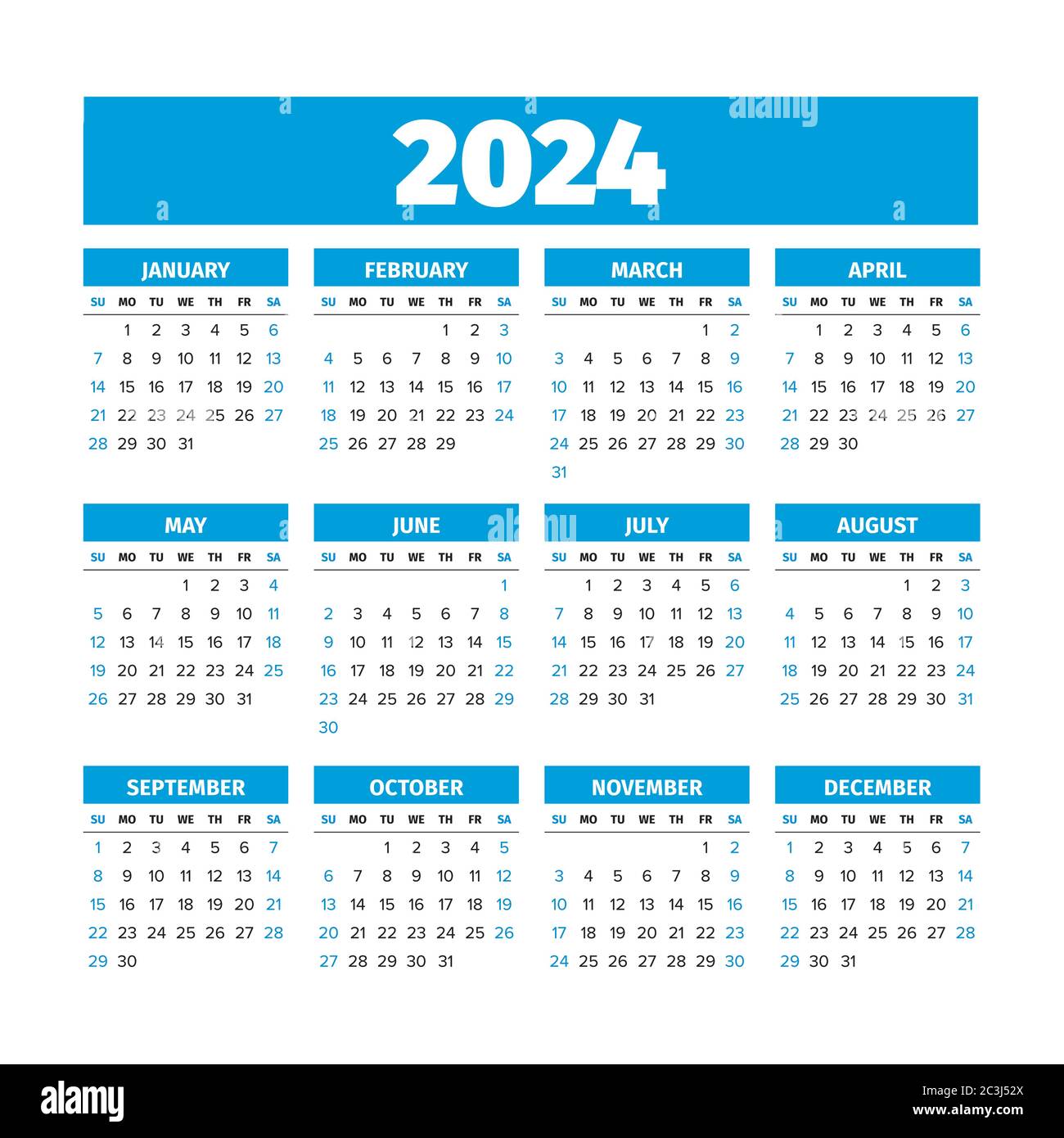 2024 Calendario con le settimane iniziano la domenica Immagine e