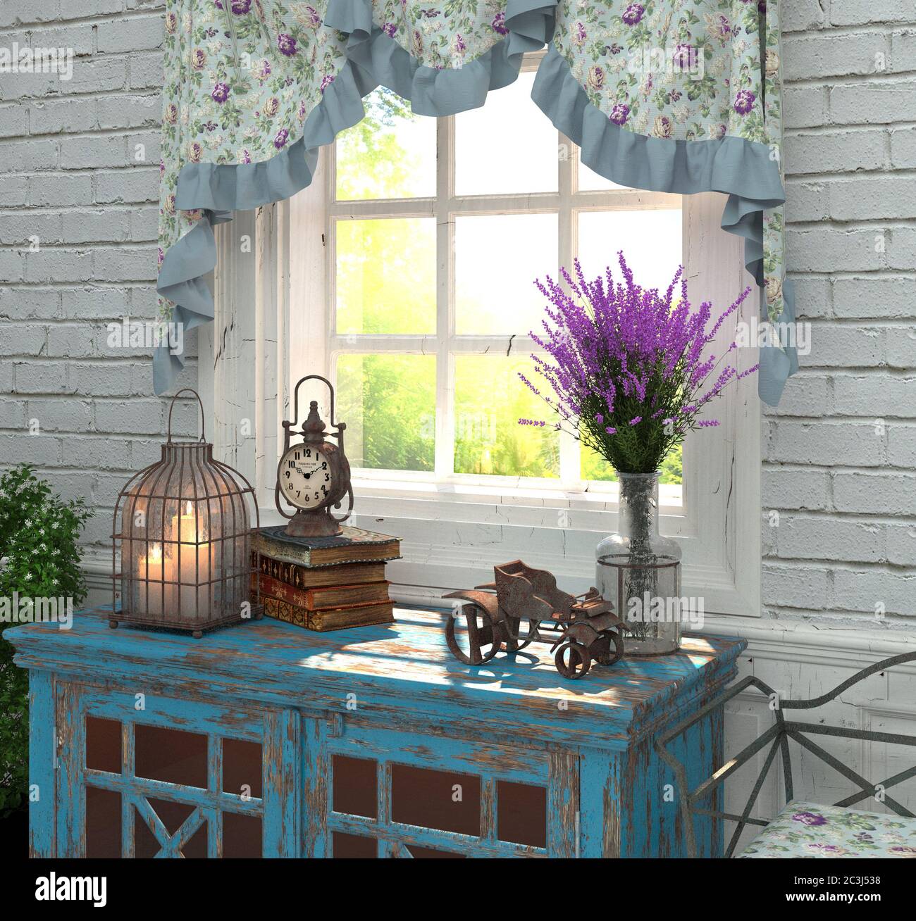 Stile provenzale in interni. La composizione presso la finestra con lavanda e oggetti d'antiquariato. Rendering 3D. Foto Stock